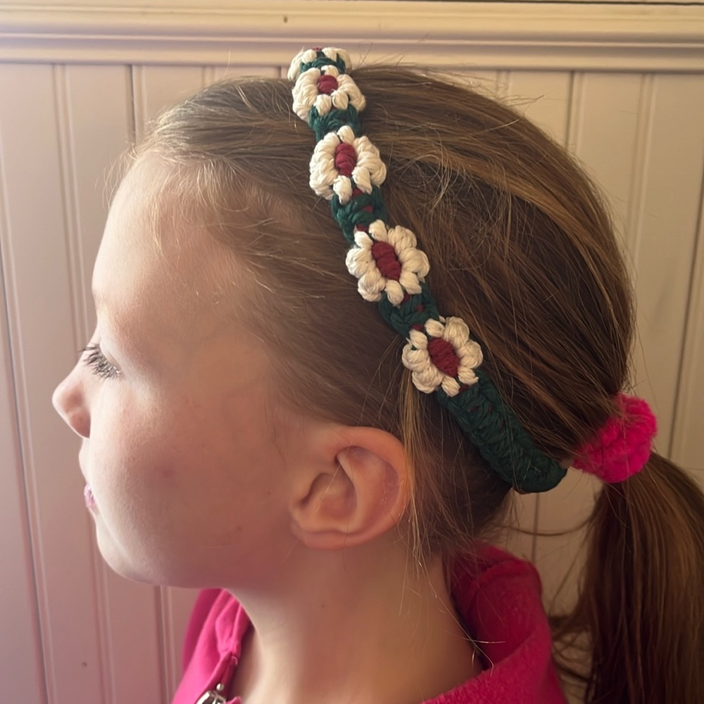 Crochet flower pattern elastic head wrap/ headband Teal and Cream - Picture 4 of 15
